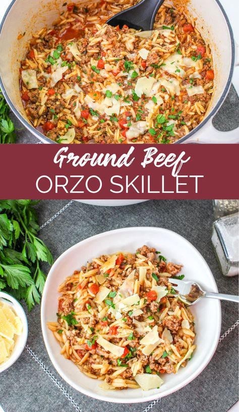 This One Pan Ground Beef Orzo recipe is incredibly easy to make and loaded with flavor - perfect for a midweek family meal. Ground Beef Orzo, Beef Orzo, Recipes With 1lb Ground Beef, Ground Bison Recipes, Orzo Recipe, Healthy Ground Beef, Healthy Weeknight Dinners, Dinner Recipes Easy Family, Homemade Dinner Rolls