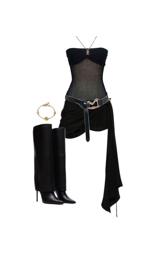 (TikTok @elsfashion) Black boots, party, party outfit, all black, black outfit, gold jewellery, gold jewellery outfit Couture, Haute Couture, Gold Jewellery Outfit, Black Black Outfit, Jewellery Outfit, Boots Party, Black Boots Outfit, 90s Runway Fashion, Elegant Outfit Classy