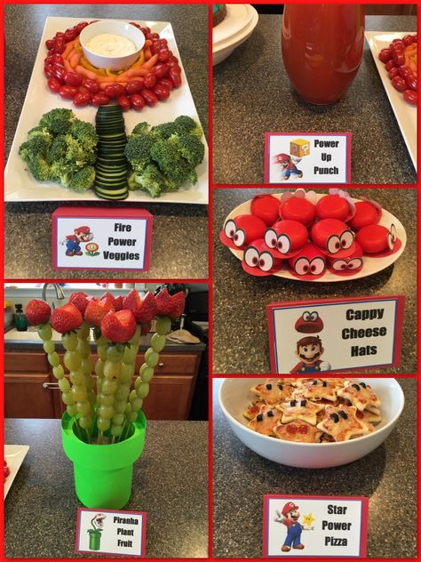 Super Mario Party food Mario Brothers Themed Food, How To Make A Number 6 Cake, Mario Brothers Party Food, Super Mario Veggie Tray, Mario Kart Date Night, Donkey Kong Food Ideas, Mario Bros Birthday Party Games, Super Mario Snacks Parties Food, Food For Mario Birthday Party