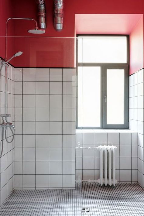 Tile, Bathroom, Room, Red, Property, Floor, Architecture, Interior design, Wall, Plumbing fixture, Emil Dervish, Bathroom Designs India, Small Bathroom Solutions, Makeover Kamar Mandi, Very Small Bathroom, Simple Bathroom Designs, Cheap Bathroom Remodel, Cheap Bathrooms, Bathroom Solutions