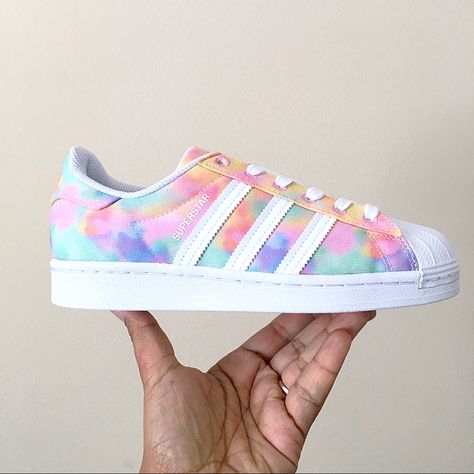 Brand New In Box With Lid Adidas Superstar Tie Dye Limited Edition Rare Easter These Superstars Were Available Only To A Limited Public As Part Of The Tie-Dye Collection Pastel Colors With Mint, Pink, Yellow, Purple Highlights Tie Dye Print Upper Canvas 3 Stripes In White Leather  White Rubber Outsole Classic White Tubber Toe Cap No Returns Or Exchanges If They Do Not Fit Deadstockrow# 55-016-10 (New Shoe Cabinets) Also Available: Adidas Nmd Tie Dye, Adidas Stan Smith Custom Adidas Superstar, Adidas Gazelle Pink, Nmd Adidas Women, Adidas Superstar Pink, White Fashion Sneakers, Adidas Torsion, Shoe Cabinets, Custom Adidas, Diy Sneakers