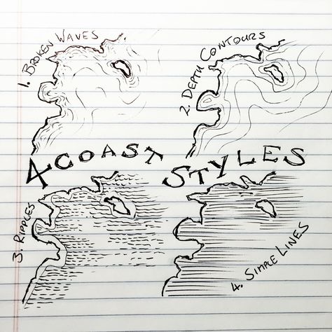 There are lots of ways to indicate water on a map with lines – and many more with tone or colour. Here are four I regularly use. 1. Broken Waves After you have your coastline, use short, gently curving lines along the shore. The lines should follow the shapes of the coast, but smooth out … Fanasty Map, Map Building, Map Sketch, Fantasy Map Making, Map Making, Fantasy World Map, Map Maker, Hand Drawn Map, Fantasy Maps