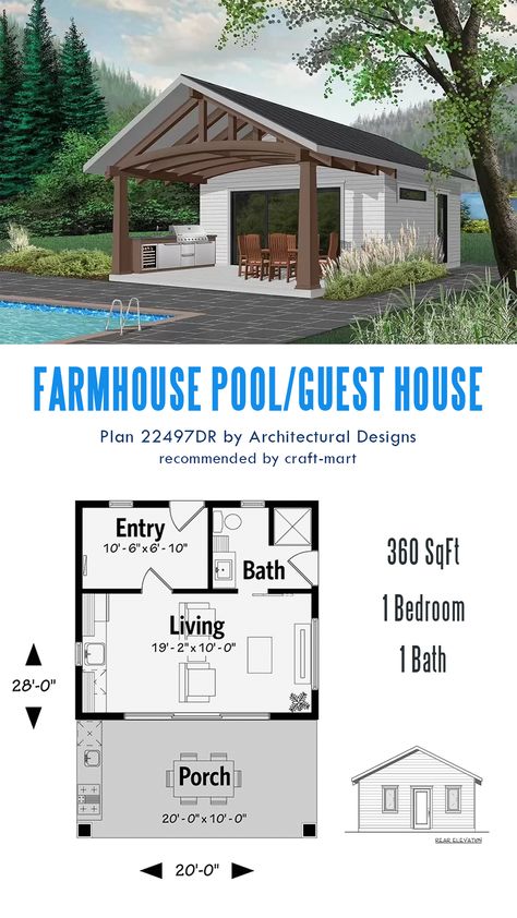 Among the variety of styles, this popular pool house floor plan may be the right plan for you. With 360 square feet of space, it can serve as a functional pool house to enjoy after a long day of work or a perfect place for occasional house guests. A beautiful outdoor kitchen has plenty of space for outdoor furniture and enjoying BBQs with friends by the pool. Cool Pool House Ideas, Shed And Pool House Combo, Pool House With Office, Pool And Shop Combo, Pool House Metal Building, Garden Shed Pool House, Small Pool House Floor Plans, Pool House Floor Plan, Adu Pool House