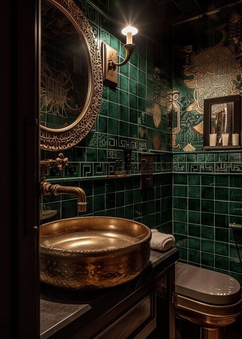 What Is Art Deco, Powder Bathroom Ideas, Art Deco Bathrooms, Gothic Bathroom, Boho Style Bathroom, Dark Bathroom Ideas, Art Deco Living Room, Rustic Ideas, Art Deco Bathroom