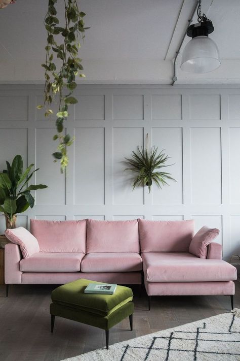 Rose and Grey Epsom Corner Sofa | Pale Pink Couch | 20 Photos That Will Prove Decorating with Pink and Green is the Next Big Thing Pink Sectional, Pink Sofa Living Room, Rosa Sofa, Paneled Walls, Velvet Corner Sofa, Pink Couch, Contemporary Living Room Design, Pink Sofa, Pink Living Room