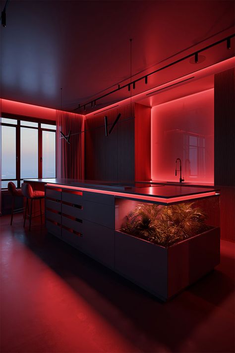 Dark Red Interior Design, Red House Interior, Black And Red Room, Dark Modern House Interiors, Red Room Aesthetic, Futuristic Home Decor, Penthouse Aesthetic, Red Interior Design, San Myshuno