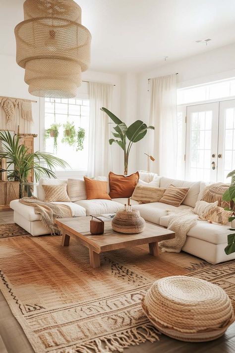 Cozy Boho Living Room with earthy color scheme, vintage rug, hanging plants, and wood coffee table. Boho Foyer, Living Room Furniture Wood, Living Room Inspiration Board, Boho Living Room Inspiration, Ruang Tamu Outdoor, Bohemian Living Room Decor, Modern Boho Living Room, Modernist Architecture, Boho Living Room Decor