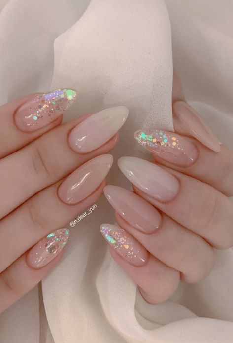 nude pink korean jelly nails. pink glitter nails. bridal pink nails. wedding nail ideas. Minimalist Nails Color, Pastel Jelly Nails, Jelly Stiletto Nails, Korean Wedding Nails, Pink Translucent Nails, Nail Ideas Clear, Jelly Almond Nails, Nude Design Nails, Neutral Nails Pink