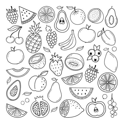 Fruit Simple Drawing, Fruit Slices Drawing, Vector Fruit Illustration, Fruit Doodles Easy, Cute Drawings Of Fruit, Fruit Vector Art, Fruits Illustration Design, Simple Fruit Drawings, Fruit Doodle Art