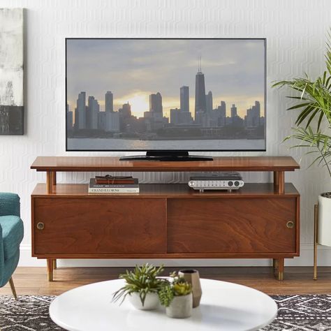 Wrought Studio Callaham TV Stand for TVs up to 70" & Reviews | Wayfair Midcentury Tv Stand, Mid Century Tv, Sliding Cabinet Doors, Mid Century Modern Tv Stand, Mid Century Modern Wood, Tv Stand Wood, Room Light, Modern Tv Stand, Tv Stands And Entertainment Centers