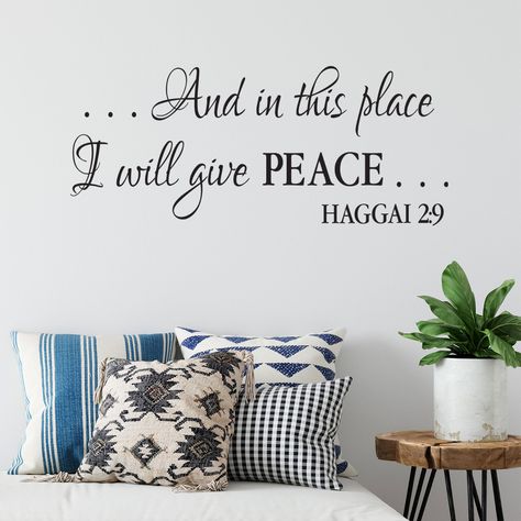 "...and in this place I will give peace... Haggai 2:9 ~~PRODUCT DESCRIPTION~~ * Removable vinyl decal * Colors can be selected from color palette from photo listing * Any sample photo used is for illustrative purposes and may NOT be to scale!  Measure area to ensure good fit. Custom sizing is available, please convo for quote. ~~CHECKOUT~~ *Please select COLOR and SIZE upon checkout **NOTE** - Sizes larger than 22\"H will come in 2 pieces with guides to assist in installation ~~ABOUT PRODUCT~~ * Apply decals in area that is out of reach of small children. * This product is one time application. The decals are removable, but not reusable.  * Due to condition and age of walls prior to application, small damage may occur upon removal * Our decals are made with high quality removable vinyl and Haggai 2:9, Wall Scripture, Bible Verse Nursery, Suede Paint, Christian Wall Decals, Church Foyer, Scripture Wall Decal, Nursing Room, Peace Scripture