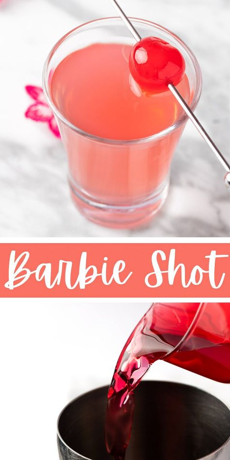 This Barbie Shot is a fun, easy to make pink shot recipe that is great for a Barbie-themed party. All you need are 4 simple ingredients and less than 5 minutes to whip up a batch. Shot Themed Party, Girly Shots Alcohol, Fun Vodka Shots, Fruity Shots Alcohol Recipes, Camper Crawl Food Ideas, Creative Jello Shots Ideas, Camper Crawl Drinks, Pink Jell-o Shots, Pink Jello Shots Recipes