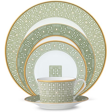 Infinity Green Gold is a bold pattern on bone china. Each item is adorned with a fret pattern, interpreted as interlocking keys and blocks. Within each block is a marbled design in shades of green. Additionally, Infinity Green Gold items are embellished with raised enamel dots and 2 types of gold banding. One band is a solid presentation of hand-applied platinum, while the other is an etched band of repeating right triangles. Infinity Green Gold is dishwasher safe and intended for daily use. ? China Dinnerware Sets, Bone China Dinnerware, Modern Dinnerware, Stoneware Dinnerware Sets, Types Of Gold, Stoneware Dinnerware, Simple Diamonds, Blue Plates, Green Item