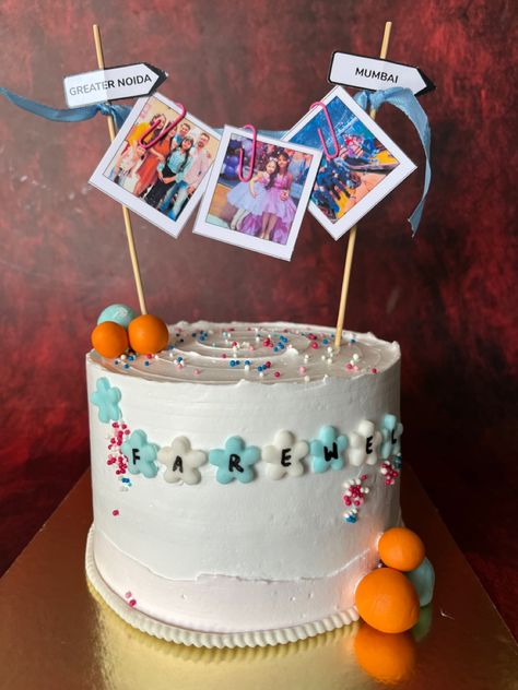 Customised Farewell Cake with hanging pics on top💕 Funny Farewell Cakes, Farewell Cakes, Farewell Gifts For Friends, Goodbye Cake, Farewell Decorations, Farewell Cake, Hanging Cake, Cake For Boyfriend, Farewell Parties