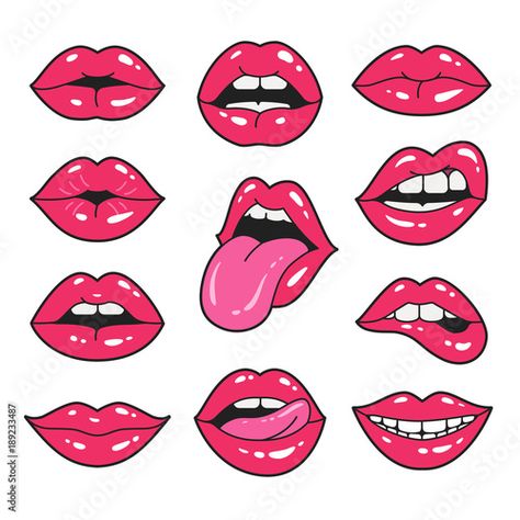 Mouth Illustration, Patches Collection, Biting Lip, Lips Illustration, Pop Art Lips, Lips Painting, Lip Patch, Patch Collection, Lips Drawing