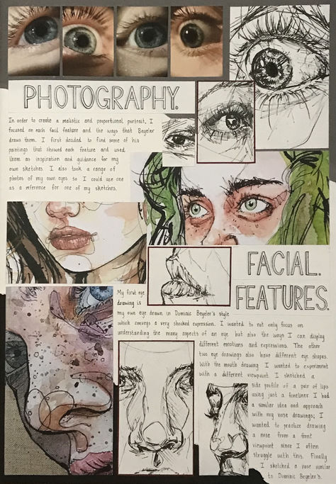 Facial Features Sketchbook Page, A Level Art Inspiration, Visual Art Diary Aesthetic, Gcse Art Book Layout Ideas, Gcse Art Photography, Dominic Beyeler Artist Research, Artist Page Ideas, Art Book Ideas Sketchbooks Inspiration, College Portfolio Ideas Art