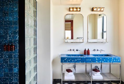 These 23 Design Trends Have Stood the Test of Time | Architectural Digest Siren Hotel, Terrazzo Sink, Colorful Rooms, Scenic Wallpaper, Nyc Hotels, Terrazzo Tile, The Siren, Glass Brick, Panel Moulding