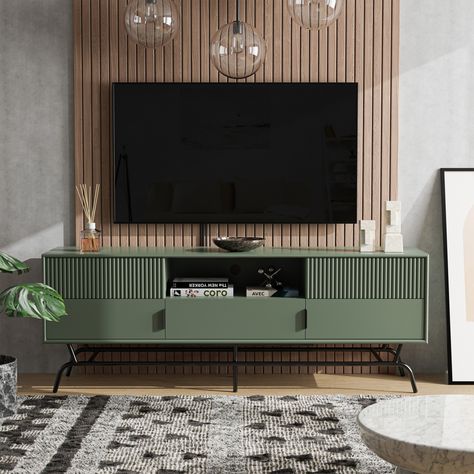 Sleek and functional, this DENHOUR BASIC Modern Sage Green 60-inch 3-Drawer Media Cabinet TV Stand will make the perfect addition for any living room or entertainment space. Ruang Tv, Modern Tv Room, Tv Unit Design Modern, Tv Stand Decor, Living Tv, Tv Stand Designs, Tv Cabinet Design, Modern Tv Units, Modern Tv Wall