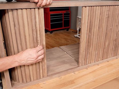 How to Make Tambour Sliding Cabinet Doors A sliding tambour panel door is a flexible sliding door that is made... Dold Dörr, Cabinet Door Ideas, Sliding Cabinet, Sliding Cabinet Doors, Flexible Wood, Diy Sliding Door, Door Kitchen, Kitchen Cabinet Doors, Kitchen Doors