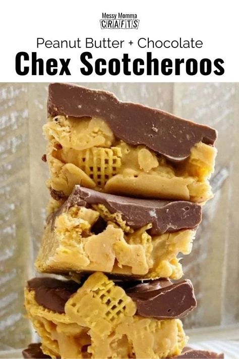 These Chex Scotcheroos are made with peanut butter, butterscotch and chocolate. Make this easy homemade bar treat for your kids to enjoy. Find the recipe on Messy Momma Crafts. #MessyMommaCrafts Chex Scotcheroos, Chex Bars, Scotcheroos Recipe, Chocolate Chex, Chex Cereal, Homemade Chocolate Chips, Homemade Goodies, Chex Mix Recipes, Cereal Treats