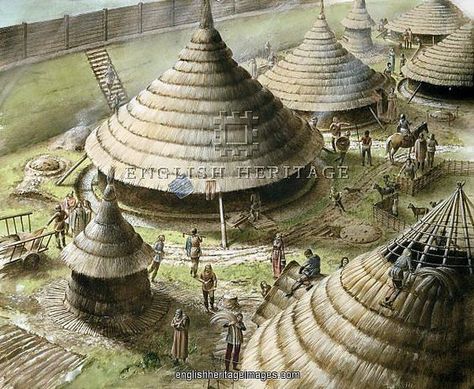 Artist's reconstruction of the Celtic roundhouses at Maiden Castle. Trelleborg, Ancient Architecture, Picturesque Landscape, Ancient Celts, Celtic Warriors, Round House, Iron Age, Arte Animal, Bronze Age