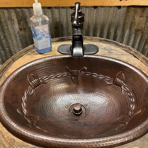 Copper Sink Care, Barbed Wire Design, Whiskey Barrel Sink, Barrel Sink, Pedicure Bowls, Oil Rubbed Bronze Faucet, Copper Sinks, Copper Sink Bathroom, Drop In Bathroom Sinks