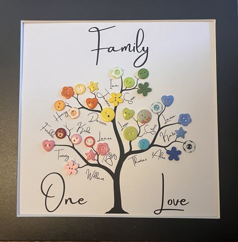 Family tree button art print. Personalised with up to 17 names, with the verse Family One love Printed on 160gsm card Comes with black or white card mount Tree Button Art, Button Tree Art, Button Family, Button Tree, Button Craft, Dyi Gifts, Hangover Kit, Button Art, One Love