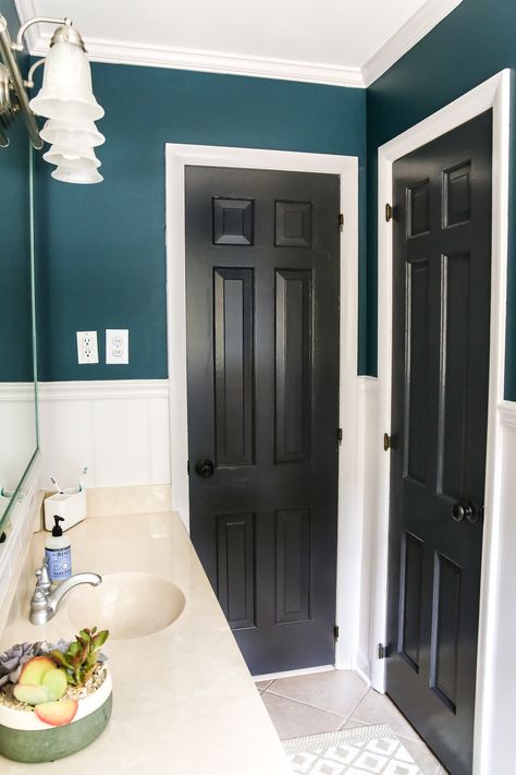 Teal Painted Bathroom Makeover | blesserhouse.com - A boring, dated beige bathroom gets a fresh teal painted makeover with Magnolia Home Paint in the color Weekend and Ben Moore Simply White and Wrought Iron. Magnolia Home Paint, Magnolia Homes Paint, Teal Bathroom, Painted Bathroom, Home Paint, Teal Paint, Beige Bathroom, Bathroom Color, Boho Bathroom