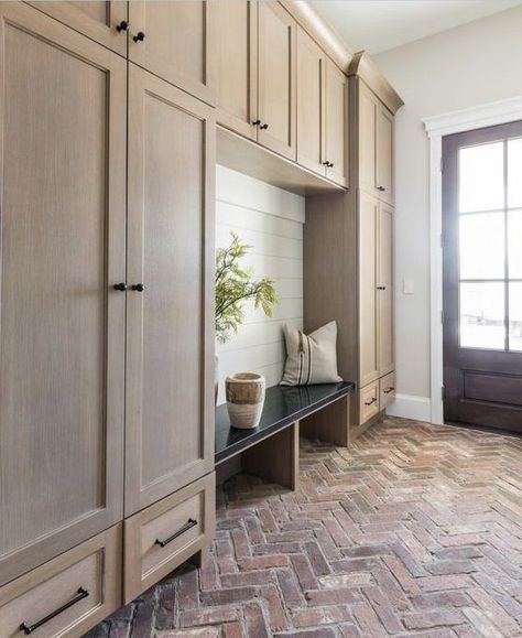 modern farmhouse Mudroom design with custom built in lockers, locker storage in mudroom ideas, hooks and bench in back foyer mudroom, mudroom storage, mudroom organization with shoe storage Organized Mudroom, Modern Farmhouse Mudroom, Mudroom Remodel, Built In Lockers, Farmhouse Mudroom, Mudroom Cabinets, Mudroom Flooring, Laundry Room/mud Room, Mud Room Entry