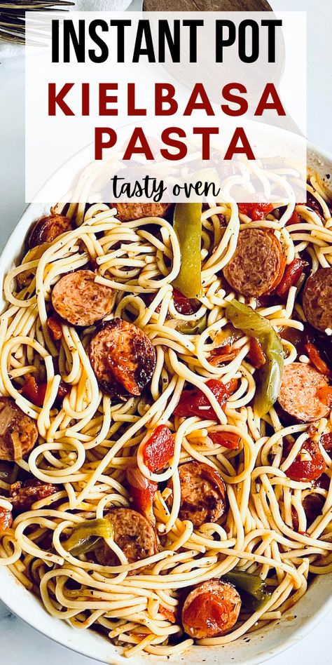 Instant Pot kielbasa pasta with peppers onions and tomatoes in a serving dish Instant Pot Kielbasa Pasta, Keilbasa Recipes Instapot, Instapot Kielbasa Recipes, Instant Pot Kielbasa Recipes, Instant Pot Kielbasa, Easy Kielbasa Recipes, Kielbasa Pasta, Keilbasa Recipes, How To Cook Kielbasa