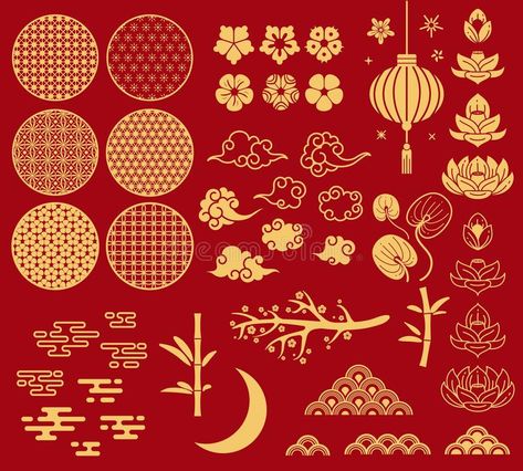 Chinese new year elements. Festive asian ornaments, patterns in oriental style. Clouds, moon and bamboo, sakura and royalty free illustration Chinese Pattern Design, Lotus Flower Vector, New Year Elements, Asian Style Art, Chinese Ornament, Visuell Identitet, Zestaw Ikon, Chinese New Year Card, Chinese New Year Design