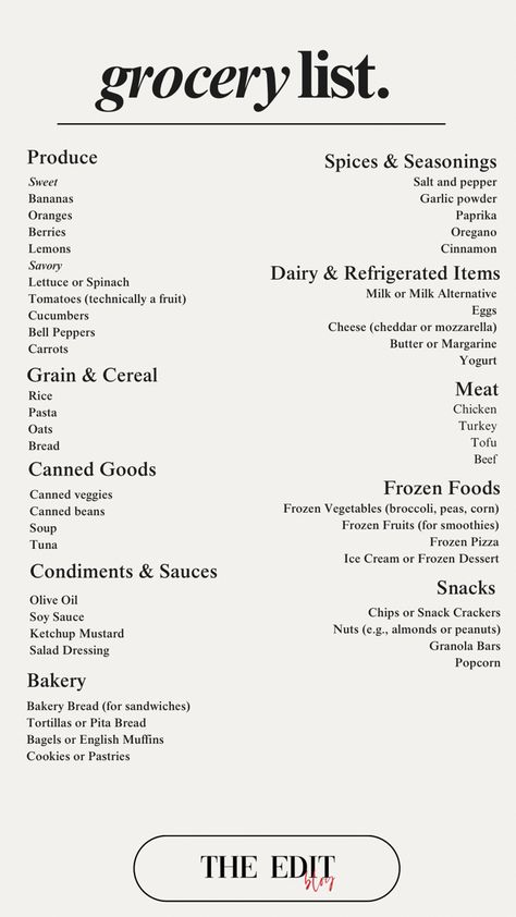 Essen, Essential Grocery List, Monthly Grocery List, Basic Grocery List, Budget Grocery List, Best Frozen Meals, Grocery Essentials, Food Shopping List, Clean Eating Grocery List