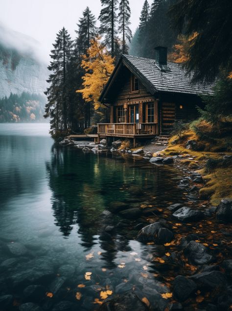 Emerald waters gently caress the wooden foundations of a sustainable Swiss cabin, symbolizing a peaceful retreat and mindful living. Cabin On A Pond, Swiss Cabin, Planet Diy, Log Cabin Living, Little Cabin In The Woods, Cabin In The Mountains, Lakeside Cabin, Flowers Tulips, Beautiful Cabins