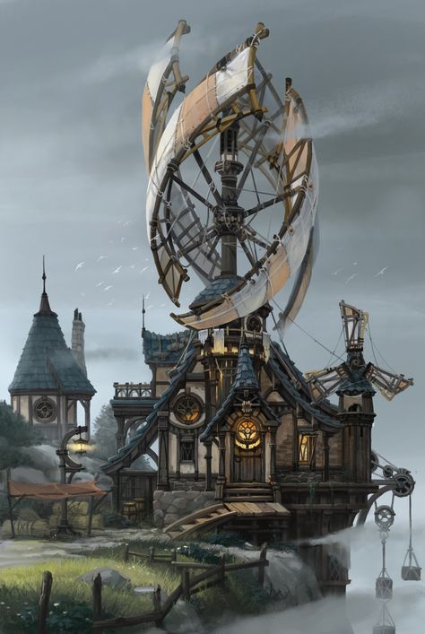 fantasy wind mill  by yang sohyeon Air Ships Steampunk, Hydropunk Aesthetic, Ville Steampunk, Steampunk Kunst, Décor Steampunk, Fantasy Farm, Concept Art Landscape, Steampunk City, Wind Mill