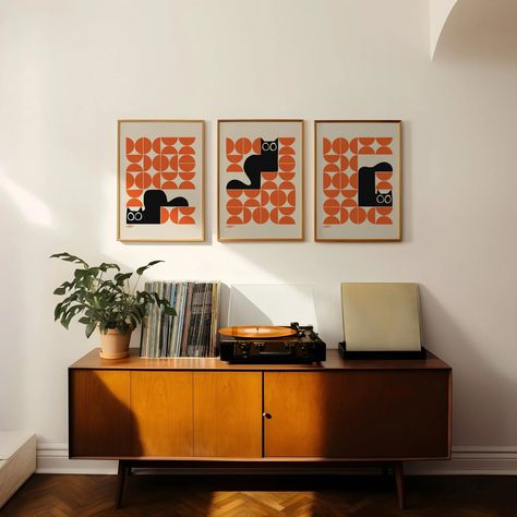 Set of 3 Mid Century Modern Cats in Orange Bauhaus Pattern, Retro Minimalistic Scandinavian Design Aesthetic, Black Cat Art Gift - Etsy Australia Apartment, Aesthetic Black Cat, Midcentury Living, Bauhaus Pattern, Scandi Minimalist, Mid Century Modern Apartment, Bauhaus Interior, Midcentury Decor, Mid Century Interior Design