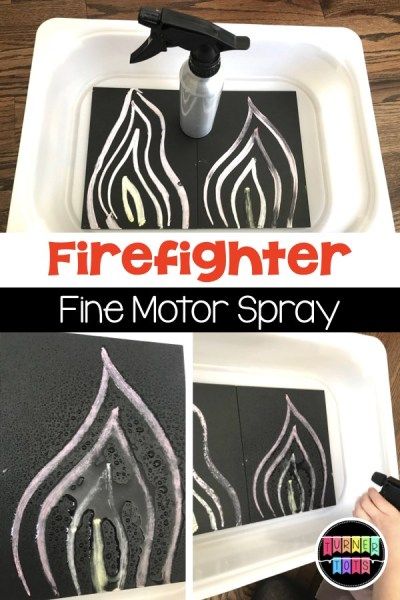 Firefighter Fine Motor Spray activity for preschoolers learning about community helpers. Spray The Fire Activity, Montessori, Fire Prevention Preschool Activities, Fire Safety Preschool Science Activities, Community Helpers Preschool Sensory, Community Helper Steam Activities, Doctor Activity For Preschool, Safety Helpers Preschool, Fireman Sensory Play