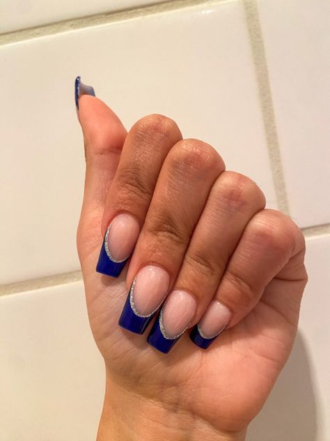 Navy Blue Nails French Tip Square, Short Nail Designs Blue French Tips, Trendy Nails Navy Blue, Hoco Nails For Dark Blue Dress, Royal Blue Nails Designs Short Gel, White And Navy Nails Acrylic, Navy Nails For Prom, Navy Nail Inspiration, Navy Blue Nails Coffin Short