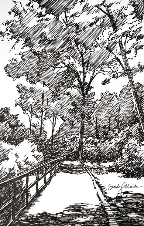 Landscape Hatching Drawing, Pen People Drawing, Ink Techniques Drawing, Black Pen Landscape Drawing, Ink Sketch Landscape, Ink Illustrations Landscape, Pen Nature Drawings, Path Ink Drawing, Nature Pen Art