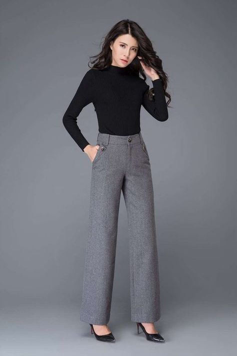 Office Wear Trousers Women, Office Pants For Women, Gray Shirt And Black Pants Outfit, Formal Winter Wear For Women, Womens Grey Pants, Gray Work Outfits Women, High Waist Pants For Women, Winter Trousers Women, Formal For Women Work Outfits