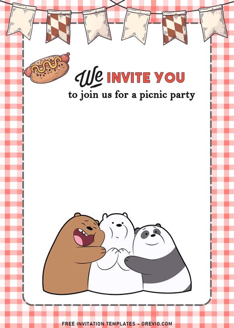 We Bare Bears Birthday Theme, We Bare Bears Party, We Bare Bears Birthday, Bear Birthday Party Invitations, Lunch Invitation, Picnic Invitations, Bear Birthday Party, Bear Invitations, Eid Cards