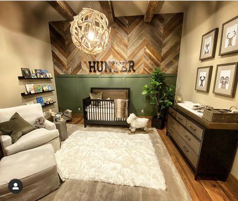 Hunter nursery Cute Country Nursery Ideas, Boho Hunting Nursery, Hunter Nursery Ideas, Hunter Nursery Theme, Mixed Nursery Furniture, Little Hunter Nursery, Rustic Nursery Ideas Neutral, Baby Boy Nursery Hunter Green, Western Nursery Ideas Farmhouse