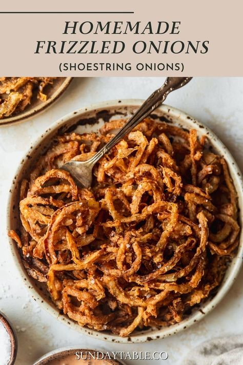 Oven Fried Onions, Homemade Crispy Onions, Homemade Fried Onion Topping, Crispy Onions Recipes, Crispy Fried Onions Recipes, Fried Onion Recipes, Shoestring Onion Rings, Onion Straws Recipe, Fried Onions Crispy