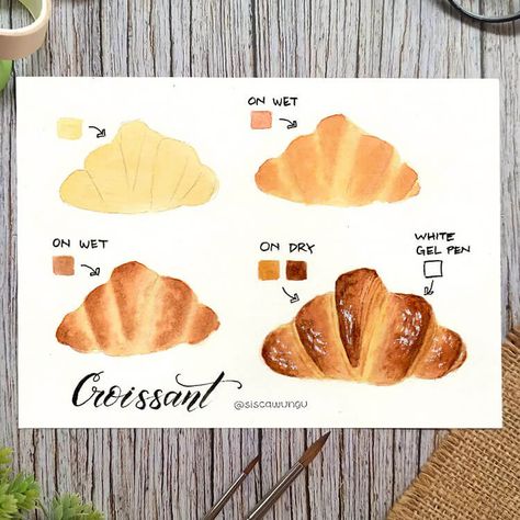 How to Paint a Croissant How To Watercolor Paint People, Simple Watercolor Tutorial, Cottagecore Watercolor Painting, Watercolor Art For Beginners Landscape, Simple Watercolors, Tiny Illustrations, Mushroom Tutorial, Mushroom Watercolor, Watercolor Mushroom