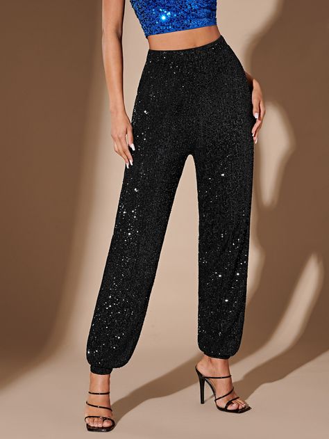 Black Sequin Pants Outfit, Sequence Pants, Sequins Pants Outfit, Sequin Jogger Pants, Sequin Jogger, Holiday Dresses Women, Sassy Pants, Dance Pants, Period Outfit