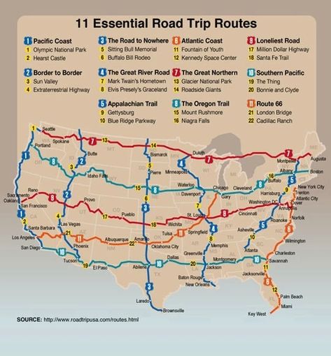 11 amazing road trips you can do without ever leaving the United States. - Imgur Unique Places To Stay In The Us, Usa Travel Bucket List, Road Trip Map, Rv Road Trip, Cross Country Road Trip, Road Trip Routes, National Park Road Trip, Us Road Trip, American Road Trip