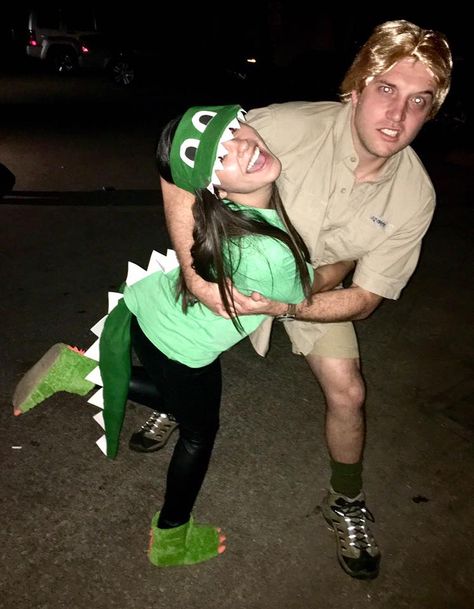 Halloween DIY couple costume Steve Irwin Crocodile Alligator Alligator And Steve Irwin Costume, Homemade Crocodile Costume, Womens Crocodile Costume, Alligator Diy Costume, Steve Irwin Costume Couple, Crocodile Diy Costume, Crocodile Halloween Costume, Steve Irwin And Crocodile Costume, Alligator Costume Women