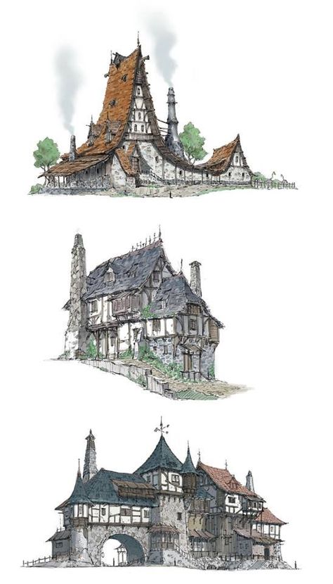 Fantasy House, Character Sketches, Casa Fantasy, Medieval Houses, Building Concept, Building Art, Fantasy Castle, Fantasy Places, Fantasy Concept Art