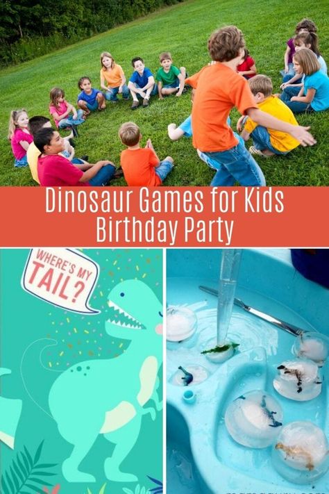 DINO-mite Dinosaur Birthday Party Games - Fun Party Pop Dinosaur Birthday Party Games, Dino Party Games, Dinosaur Party Activities, Dinosaur Kids Party, Dinosaur Birthday Party Food, Dinosaur Party Games, Birthday Games For Kids, Dinosaur Birthday Theme, Party Activities Kids