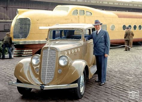 Wow!  Union Pacific's M-10004 trainset, the "City of San Francisco" (one of seven early semi-articulated trainsets the railroad acquired from Pullman-Standard and the Winton Engine Company) can be seen in the background as someone poses next to a beautiful 1936 Willys 77 Sedan (the company best known for producing thousands of jeeps for the U.S. military in World War II).  Photo colorized by Imbued with Hues. Train Posters, Railroad Photography, Railroad Photos, Old Trains, Train Pictures, Vintage Train, Steam Locomotive, Car Collection, Model Trains