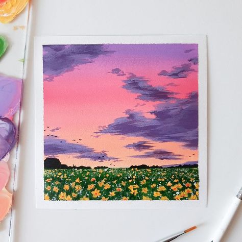 Tela, Flowers And Sunset Painting, Acrylic Field Of Flowers, Nature Aesthetic Painting Easy, Flower Field Sunset Painting, Flower Field Canvas Painting, Sky And Flowers Painting, Sunset And Flowers Painting, Sunset Flowers Painting